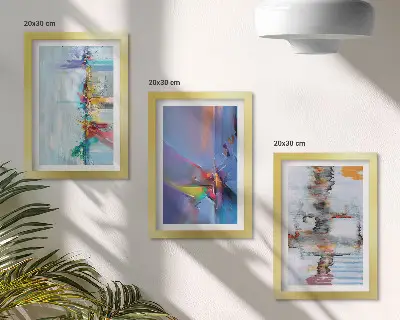 Set ingelijste schilderijen met abstracte composities in schilderstijl