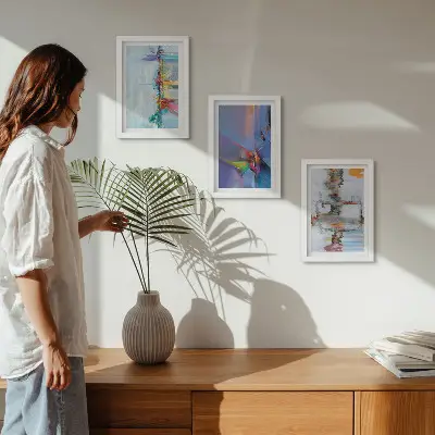 Set ingelijste schilderijen met abstracte composities in schilderstijl