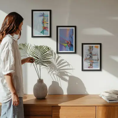 Set ingelijste schilderijen met abstracte composities in schilderstijl