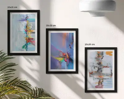 Set ingelijste schilderijen met abstracte composities in schilderstijl