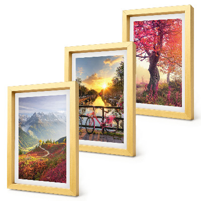 Set van ingelijste schilderijen Berglandschappen met een fiets en een herfstboom
