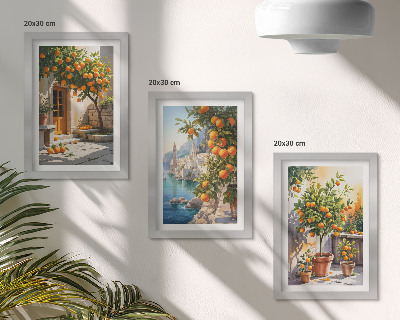 Set van ingelijste schilderijen Geschilderde citrusvruchten en kustlandschappen