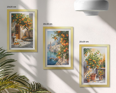Set van ingelijste schilderijen Geschilderde citrusvruchten en kustlandschappen
