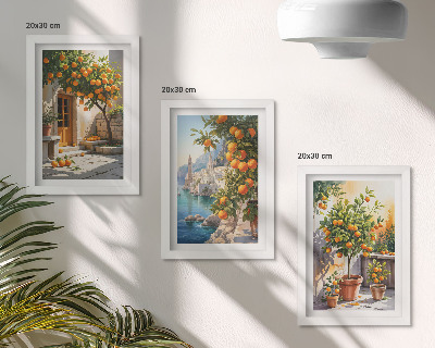 Set van ingelijste schilderijen Geschilderde citrusvruchten en kustlandschappen