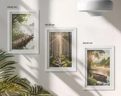 Set van ingelijste schilderijen met rustige landschappen van het bos en het meer met een boot