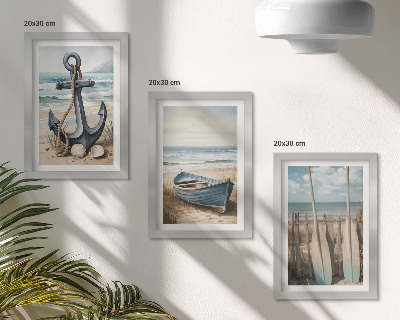 Gallery wall Bootanker en roeispanen op het strand met de zee