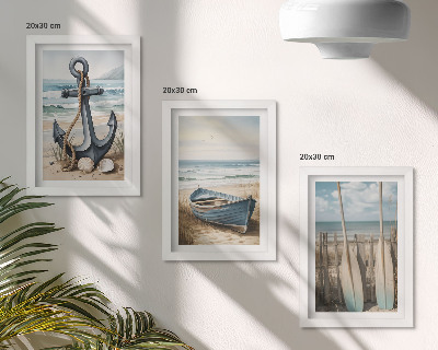 Gallery wall Bootanker en roeispanen op het strand met de zee