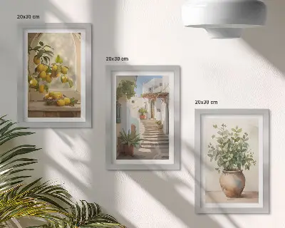 Set van ingelijste schilderijen met citroenen in een vaas en planten in een witte architectuur