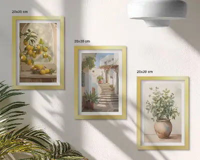 Set van ingelijste schilderijen met citroenen in een vaas en planten in een witte architectuur