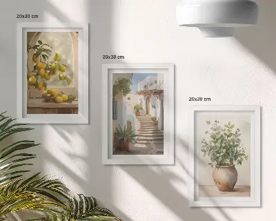 Set van ingelijste schilderijen met citroenen in een vaas en planten in een witte architectuur