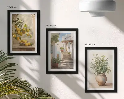 Set van ingelijste schilderijen met citroenen in een vaas en planten in een witte architectuur