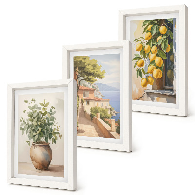 Gallery wall Bloemen in een vaas met uitzicht op de zee en citroenen.