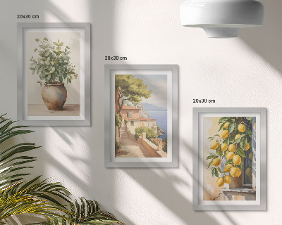 Gallery wall Bloemen in een vaas met uitzicht op de zee en citroenen.