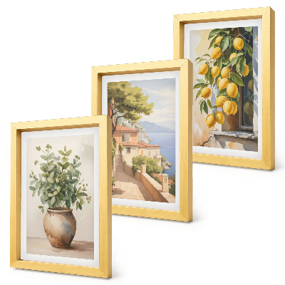 Gallery wall Bloemen in een vaas met uitzicht op de zee en citroenen.