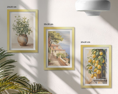 Gallery wall Bloemen in een vaas met uitzicht op de zee en citroenen.