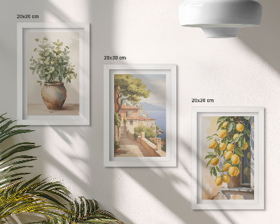 Gallery wall Bloemen in een vaas met uitzicht op de zee en citroenen.