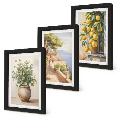 Gallery wall Bloemen in een vaas met uitzicht op de zee en citroenen.