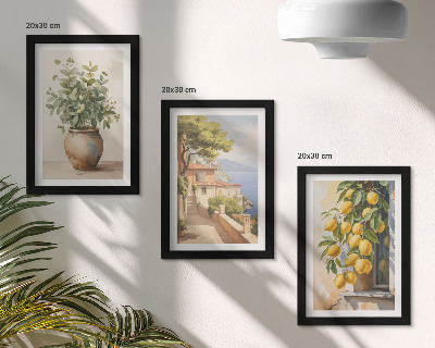 Gallery wall Bloemen in een vaas met uitzicht op de zee en citroenen.