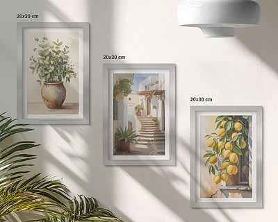 Gallery wall met potplanten en citroenen tegen een straatachtergrond