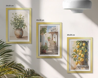Gallery wall met potplanten en citroenen tegen een straatachtergrond