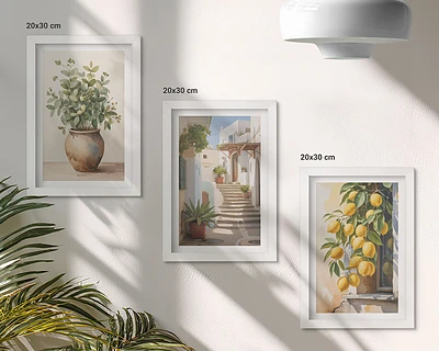 Gallery wall met potplanten en citroenen tegen een straatachtergrond