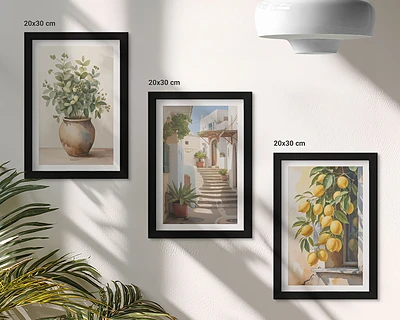 Gallery wall met potplanten en citroenen tegen een straatachtergrond