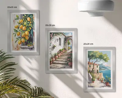 Set ingelijste schilderijen met citroenen tegen een achtergrond van bloemen en uitzicht op zee