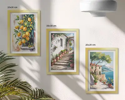 Set ingelijste schilderijen met citroenen tegen een achtergrond van bloemen en uitzicht op zee