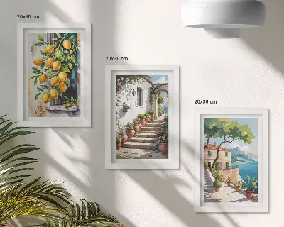 Set ingelijste schilderijen met citroenen tegen een achtergrond van bloemen en uitzicht op zee