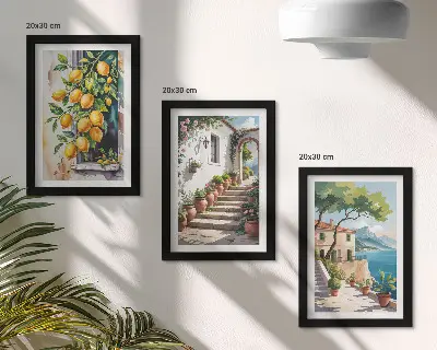 Set ingelijste schilderijen met citroenen tegen een achtergrond van bloemen en uitzicht op zee