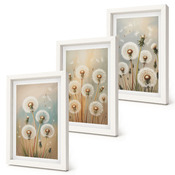 Set van ingelijste schilderijen Paardenbloemen tegen een achtergrond van pastelkleuren.