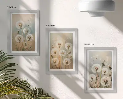 Set ingelijste schilderijen paardenbloemen tegen een pastelkleurige achtergrond