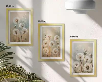 Set ingelijste schilderijen paardenbloemen tegen een pastelkleurige achtergrond