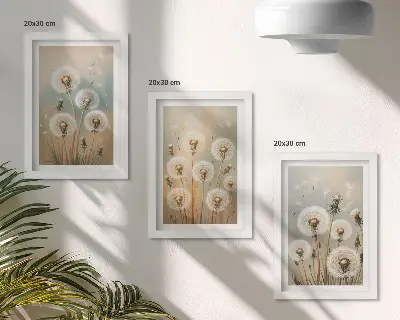 Set ingelijste schilderijen paardenbloemen tegen een pastelkleurige achtergrond