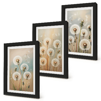 Set van ingelijste schilderijen Paardenbloemen tegen een achtergrond van pastelkleuren.