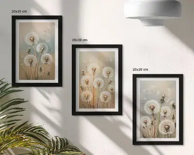 Set ingelijste schilderijen paardenbloemen tegen een pastelkleurige achtergrond