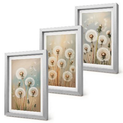 Set van ingelijste schilderijen Paardenbloemen tegen een achtergrond van pastelkleuren.