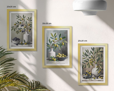 Set van ingelijste schilderijen Olijven in keramische schalen op een grijze achtergrond