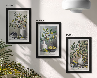 Set van ingelijste schilderijen Olijven in keramische schalen op een grijze achtergrond