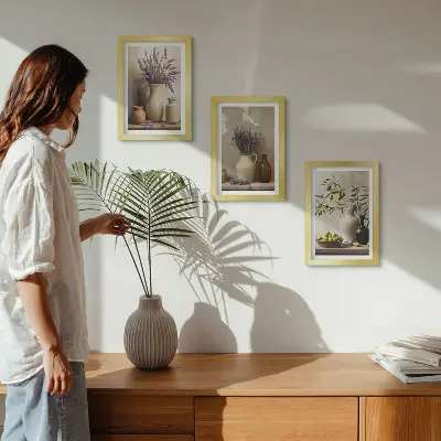 Wanddecoratie met bloemen in vazen, olijven en natuurlijke elementen