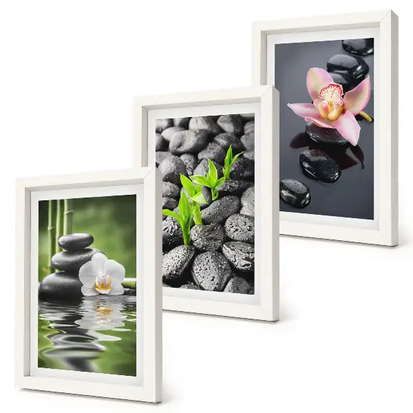Set van ingelijste schilderijen met een vredige zen-compositie van stenen en bloemen op water