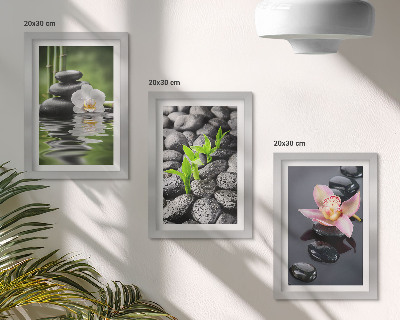 Set van ingelijste schilderijen Een vredige zen-compositie van stenen en bloemen op water.