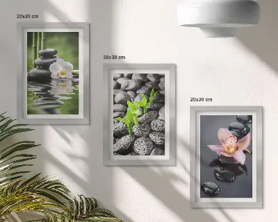 Set van ingelijste schilderijen met een vredige zen-compositie van stenen en bloemen op water