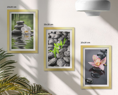 Set van ingelijste schilderijen Een vredige zen-compositie van stenen en bloemen op water.