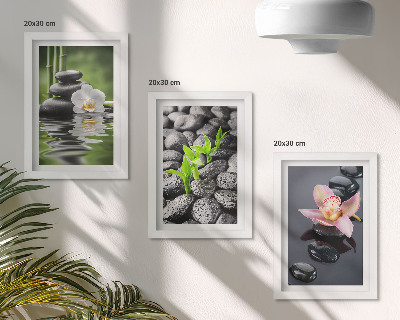 Set van ingelijste schilderijen Een vredige zen-compositie van stenen en bloemen op water.