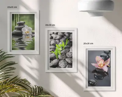 Set van ingelijste schilderijen met een vredige zen-compositie van stenen en bloemen op water