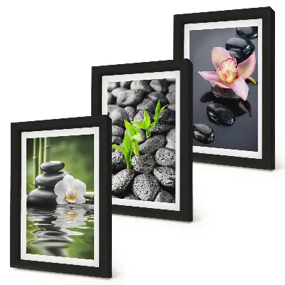 Set van ingelijste schilderijen met een vredige zen-compositie van stenen en bloemen op water