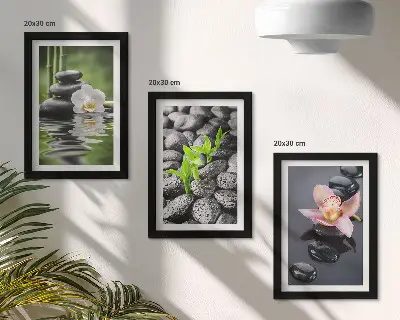 Set van ingelijste schilderijen met een vredige zen-compositie van stenen en bloemen op water