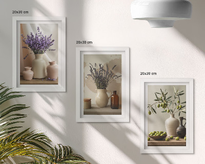 Gallery wall Lavendelbloemen, olijven en keramische vazen