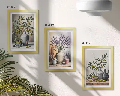 Set van ingelijste schilderijen met bloemen en olijven in vazen op een lichte achtergrond